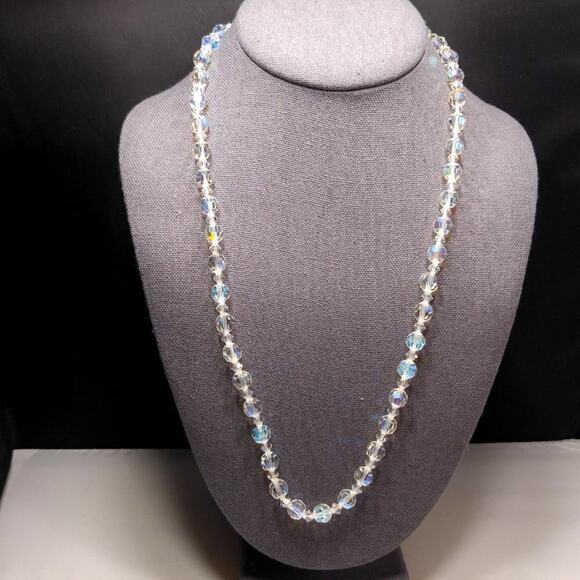 Vintage Crystal Aurora Borealis Beaded Necklace, Wedding Beads, 1960s, 24 Inch - Picture 5 of 7
